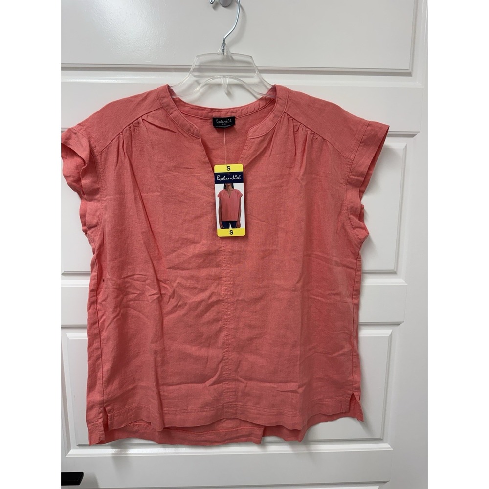 Splendid Womens Linen Blend Blouse Orange Coral Cap Sleeve Relaxed Fit Small NWT